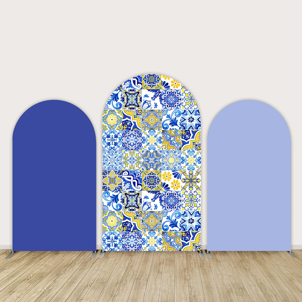 Blue Arch Cover Mediterranean Tile Engagement Photo Background Positano Morocco Arched Backdrop Cover Bridal Shower Photobooth