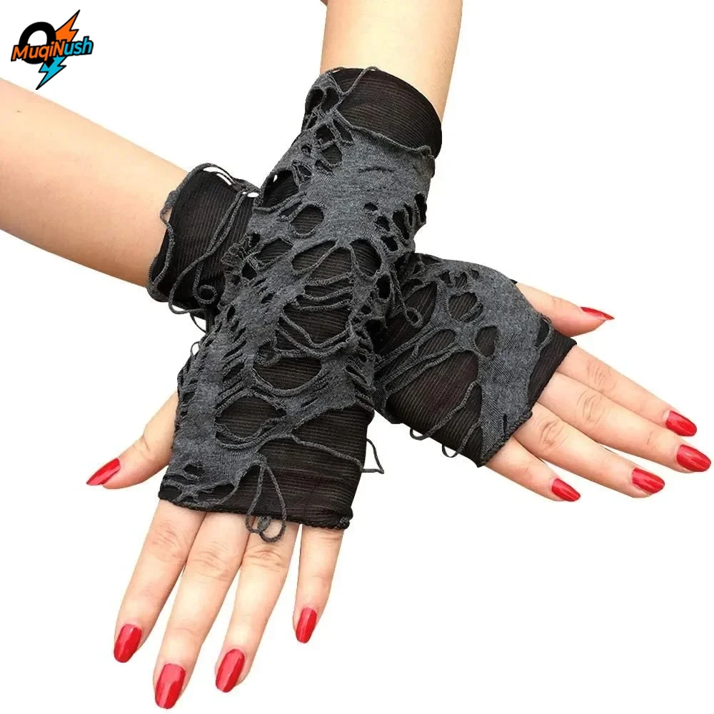 

MuqiNush Gothic Fingerless Long Gloves Punk Hole Half-finger Black Glove Arm Warmer Beggar Cosplay Halloween Costume Accessories