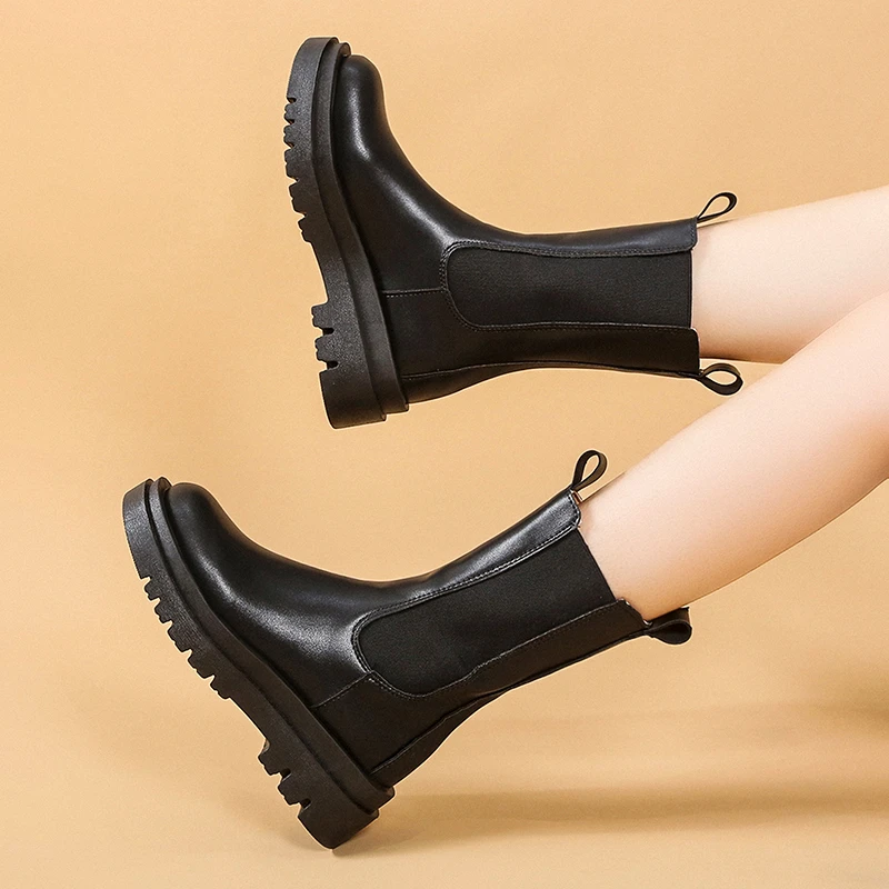 New Classics Chelsea Boots Women Black Ankle Boots Ankle Shoes High Genuine Leather Platform Short Boots Slip on Elastic Band