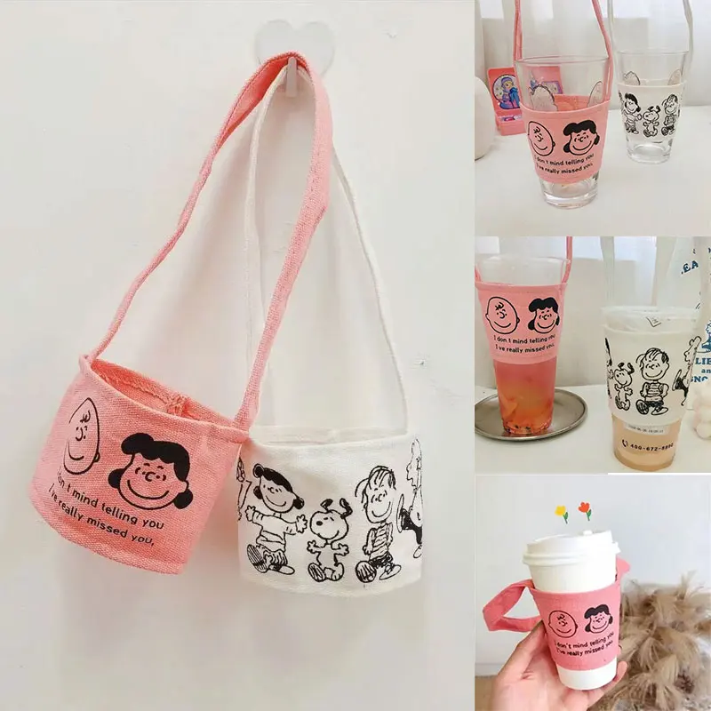 

Портативный чехол для кружки Snoopy, дорожная спортивная сумка-тоут, защитный чехол из холста, подвесной держатель для кофейника, аксессуары для кружек