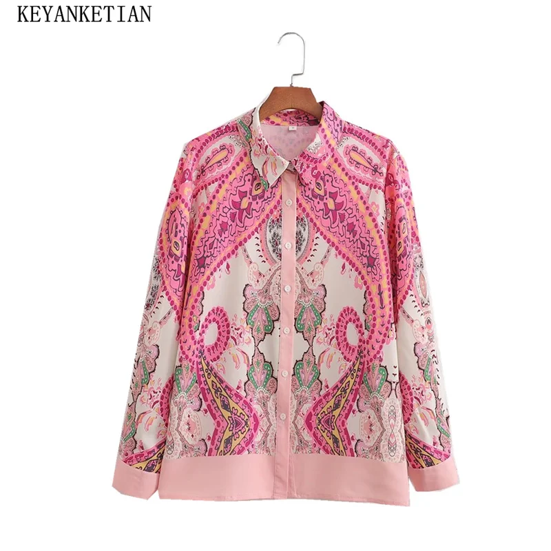 KEYANKETIAN New Launch Women\'s National Totem Print Long Sleeve Shirt Fashion Retro Button-up Loose Blouse Female Chemise Top