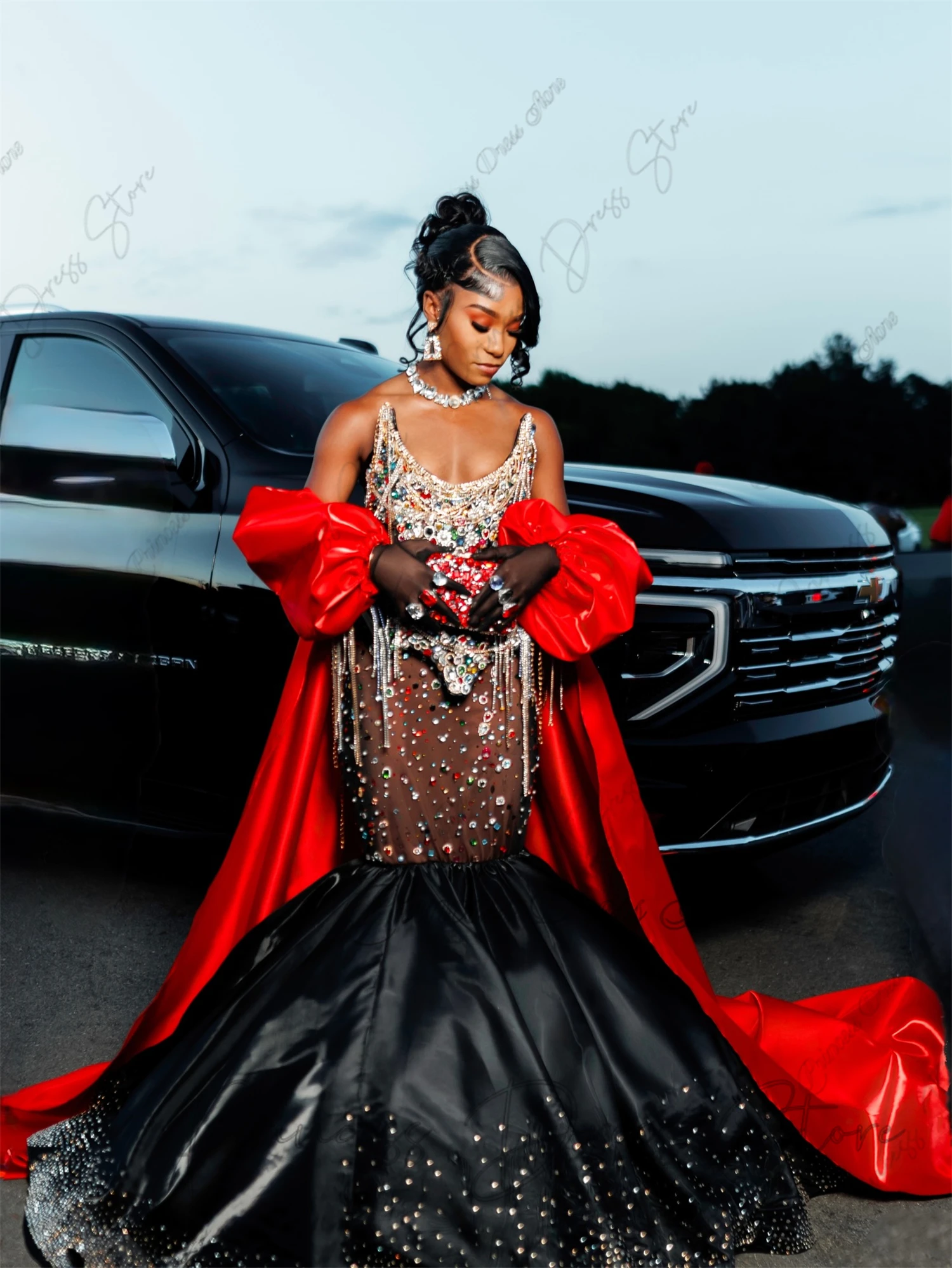 Luxury Latest design Prom Dresses With shawl Beading Black Girls Evening Dress  Sleeveless Birthday Party Gowns Customized