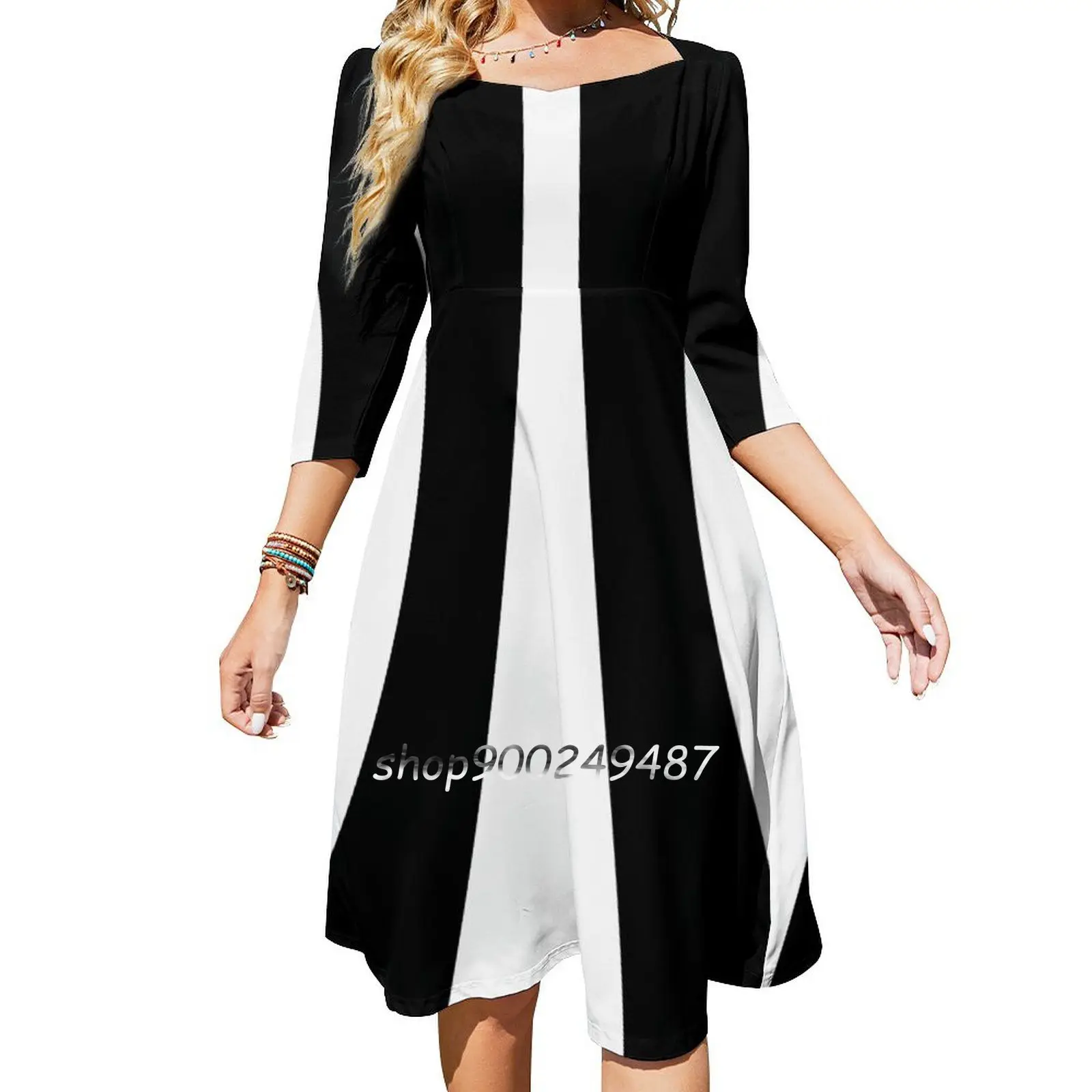 White On Black Sixties Retro Mod Style Flare Dress Multiple styles Print Dress Short and Long Sleeve Dress Mod Swinging Sixties