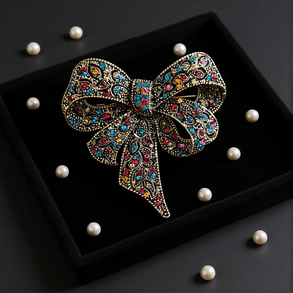 Vintage Bow Shape Fashion Brooch Stainless Steel Multicolor Rhinestone Brooch For Women Ladies Clothing Suit Decoration Gifts