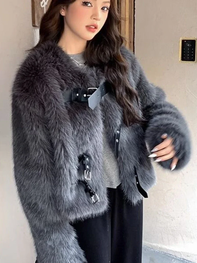 Fur and Fur Integrated Fashionable Women\'s Jacket Winter Imitation Fox Fur Round Neck Elegant Temperament Commuting Plush Coat