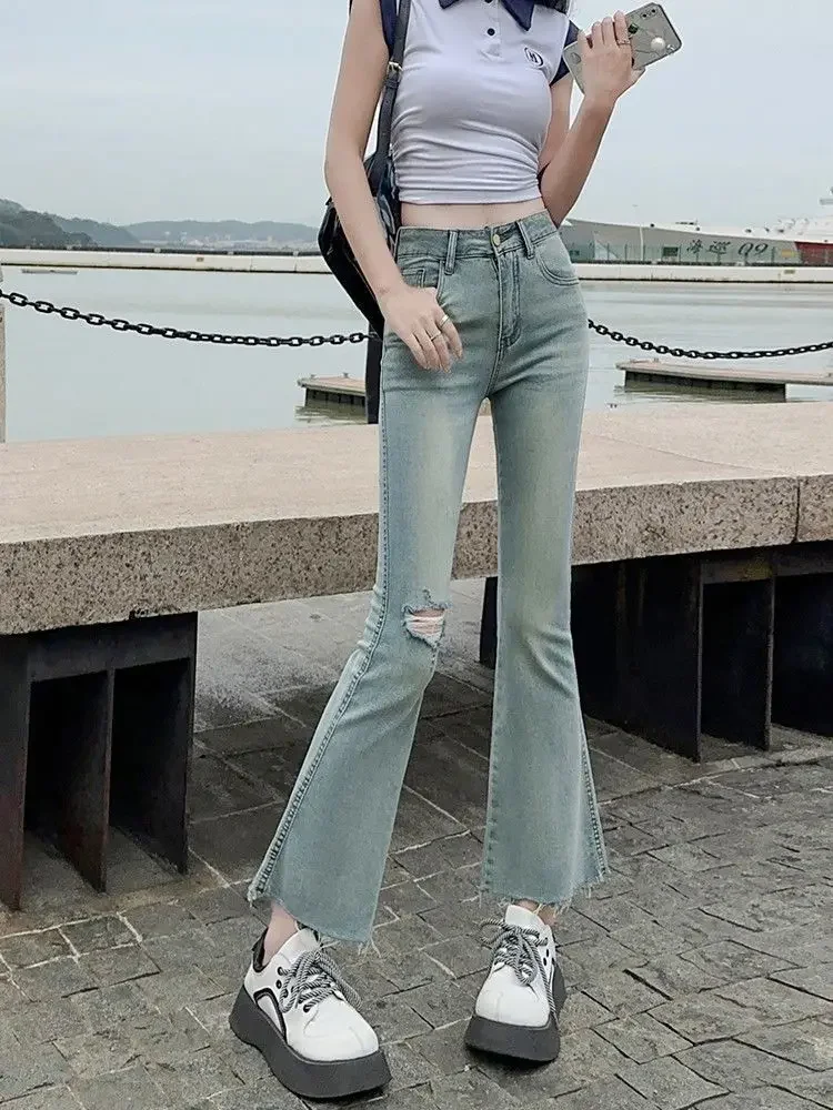 Denim Cropped Pants for Women Ripped Trousers Shot Womens Flare Jeans Basics Fitted Stylish Harajuku Fashion Original Stretch