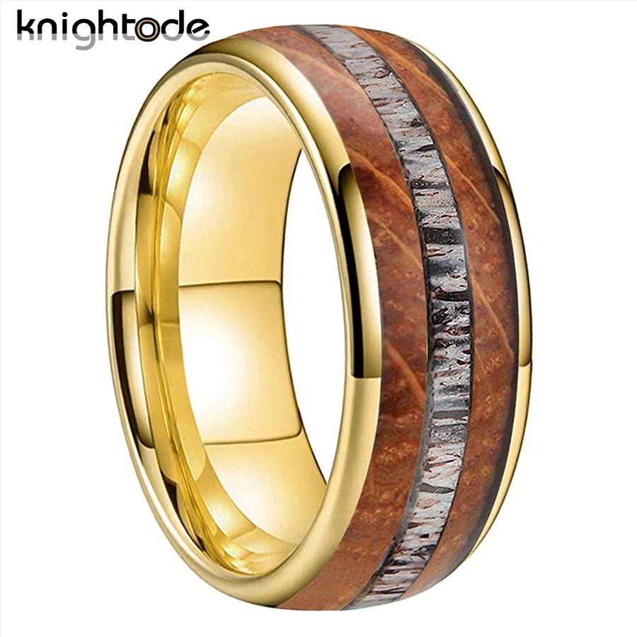 8mm Antler Tungsten Carbide Rings for Men Women Wedding Band Whisky Barrel Oak Wood Inlay Fashion Jewelry Dome Comfort Fit