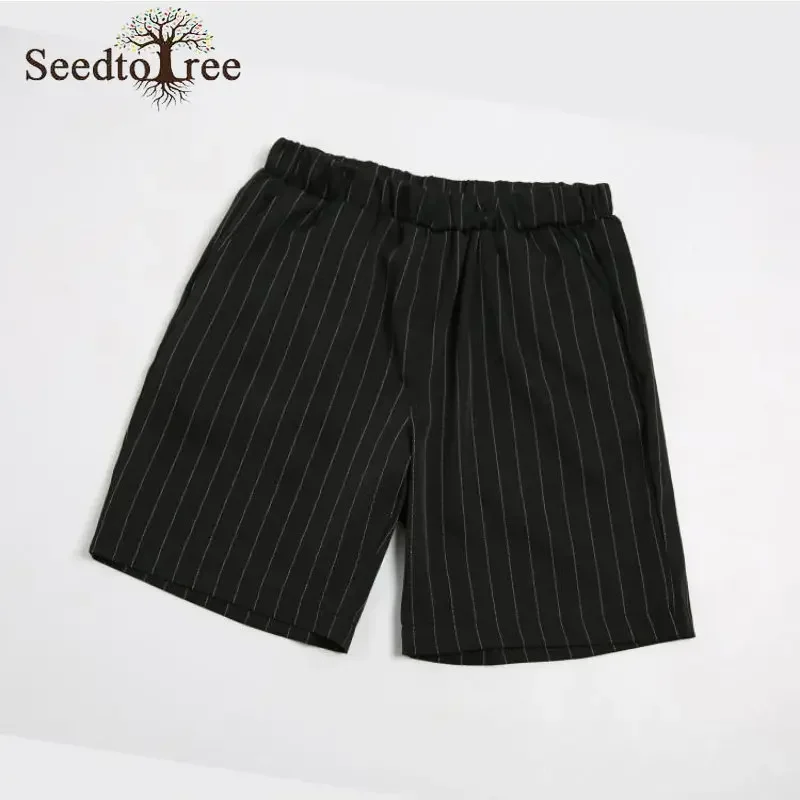 Summer Stripe Casual Men\'s Set Turndown Collar Short Sleeved T-shirt Elastic Waist Shorts Two Piece Suit