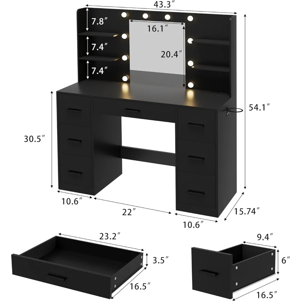 مكتب فانيتي مع مرآة وأضواء LED وطاولة مكياج بمنفذ طاقة مع 7 أدراج و6 أرفف تخزين #4