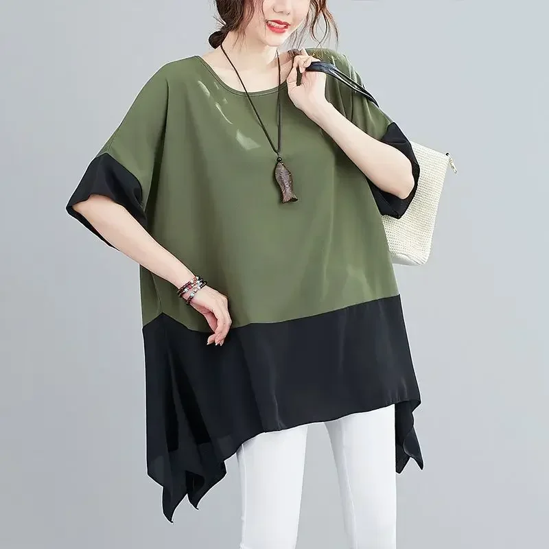 

2024 Summer Round Neck Women's Contrast Color Asymmetric Patchwork Casual Short Sleeve Loose Mid Length Chiffon Shirt Tops L244