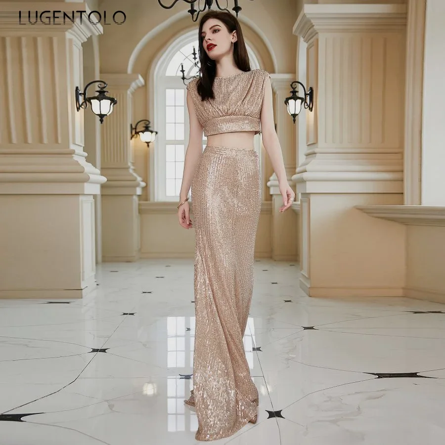 

Women Sequin Mini Vest Top Long Skirt Sets Party Elegant Solid Spring Summer New Lady Sleeveless Tops Mermaid Skirts Lugentolo