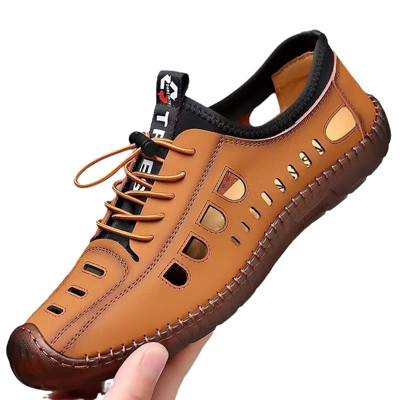 Herren-Sandalen aus weichem Leder, 2024, Sommer-Männer-Ledersandalen, atmungsaktiv, rutschfest, Kuh-Sehensohle, lässige Lederschuhe, Outdoor-Strandschuhe