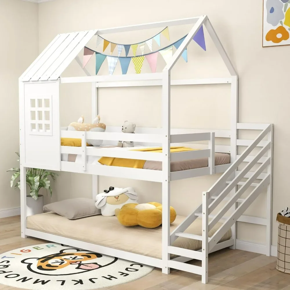 Twin Over Twin House Bunk Bed with Stairs, Floor House Bed with Roof & Window, Space-Saving House Bed with Full-Length Guardrail