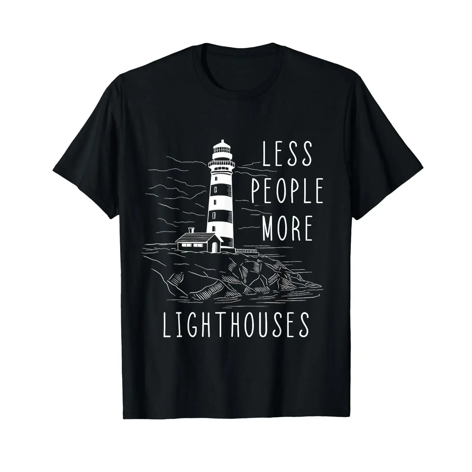 Lighthouse Less People More Lighthouses Seaside Life Sailing T Shirt vintage Washed homme Comfortable fashion Breathable Casual