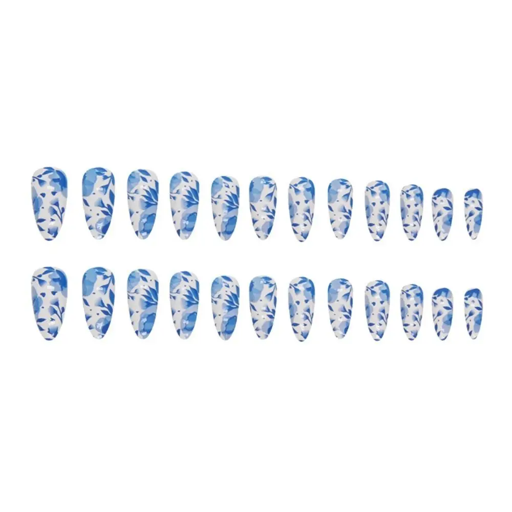 Almond False Nails Manicure Long French Nail Tips Detachable French Blue Ink Flower Press on Nails Women