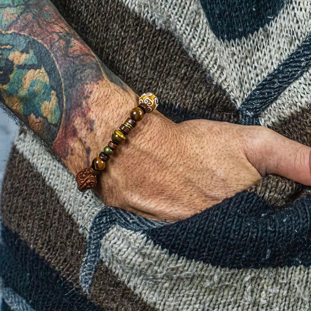 Tibetan Ethnic Style Dzi Beads Walnut Men Bracelet Vintage Wood Beads Jewelry Fashion Natural Tiger Eye Accessories
