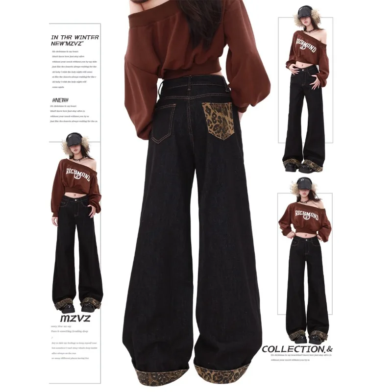 Y2K Black Leopard Print Wide Leg Jeans for Women 2026 Spring New High Waist Straight Loose Roll Hem Floor Length Trousers