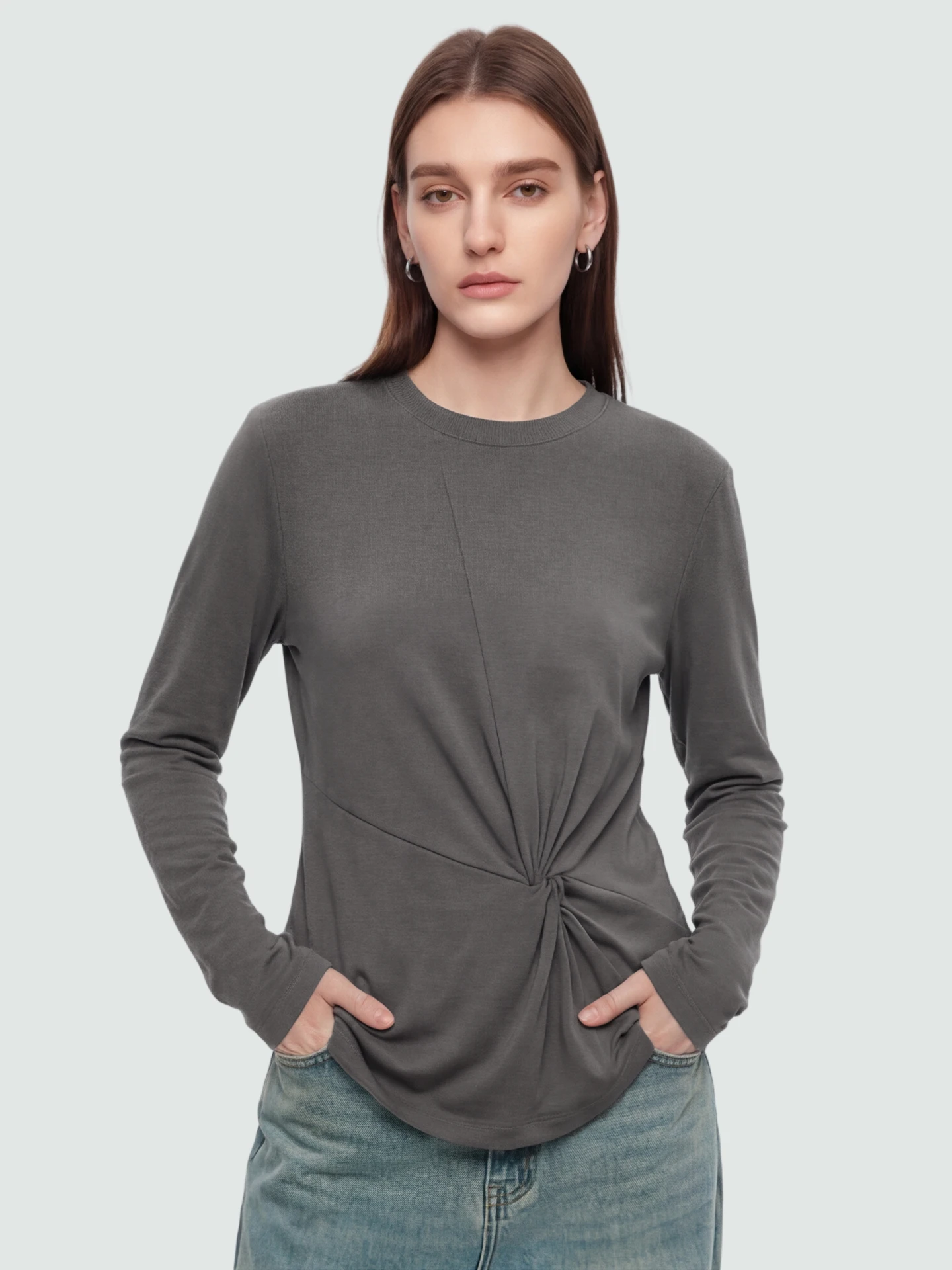 

Slimming Effect Long Sve round Ne T-irt Acetate Knot SueM Viscose Lyocell Fiber Spring New Sle Women's Casual Wear