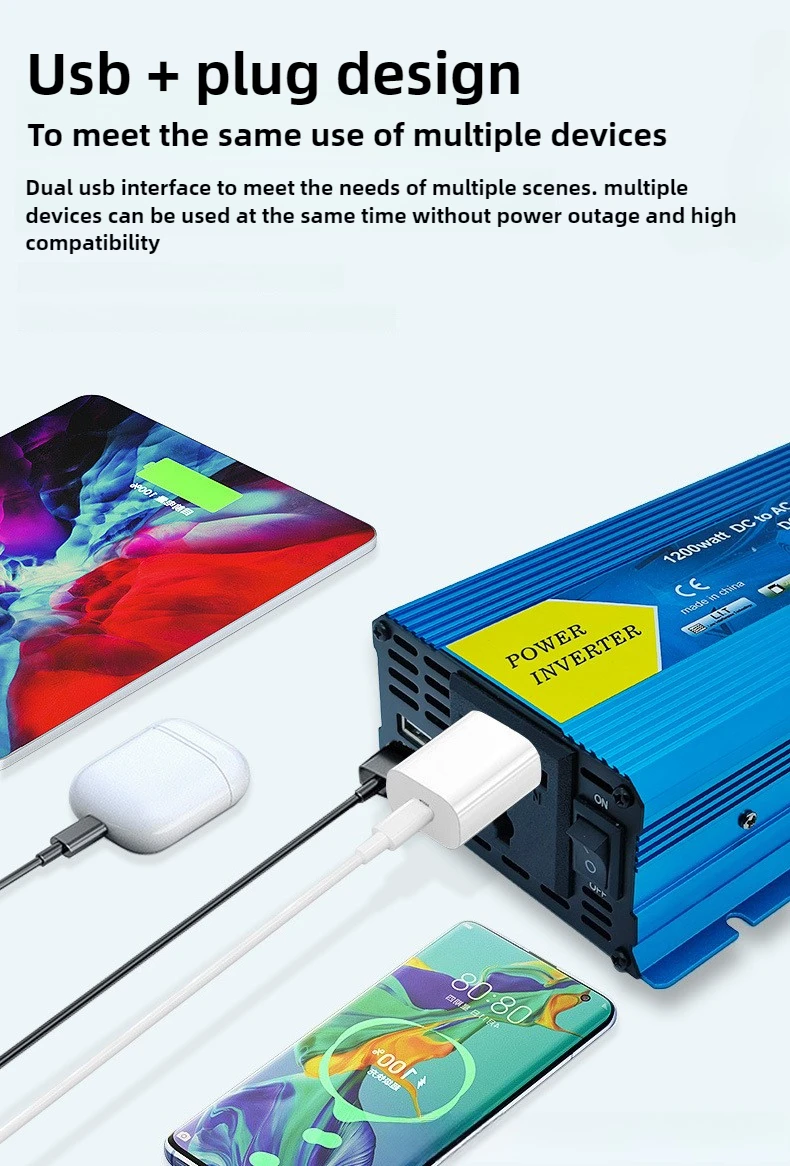 2000W 1200W 600W Pure Sine Wave Solar Inverter 12V to AC 220V 60hz Power Inverter Charger Adapter Universal Socket Adapter