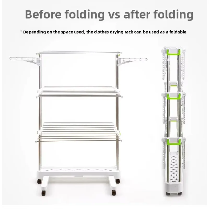 Hxl 6-section multifunctional stainless steel mobile folding clothes drying rack storage and drying stand