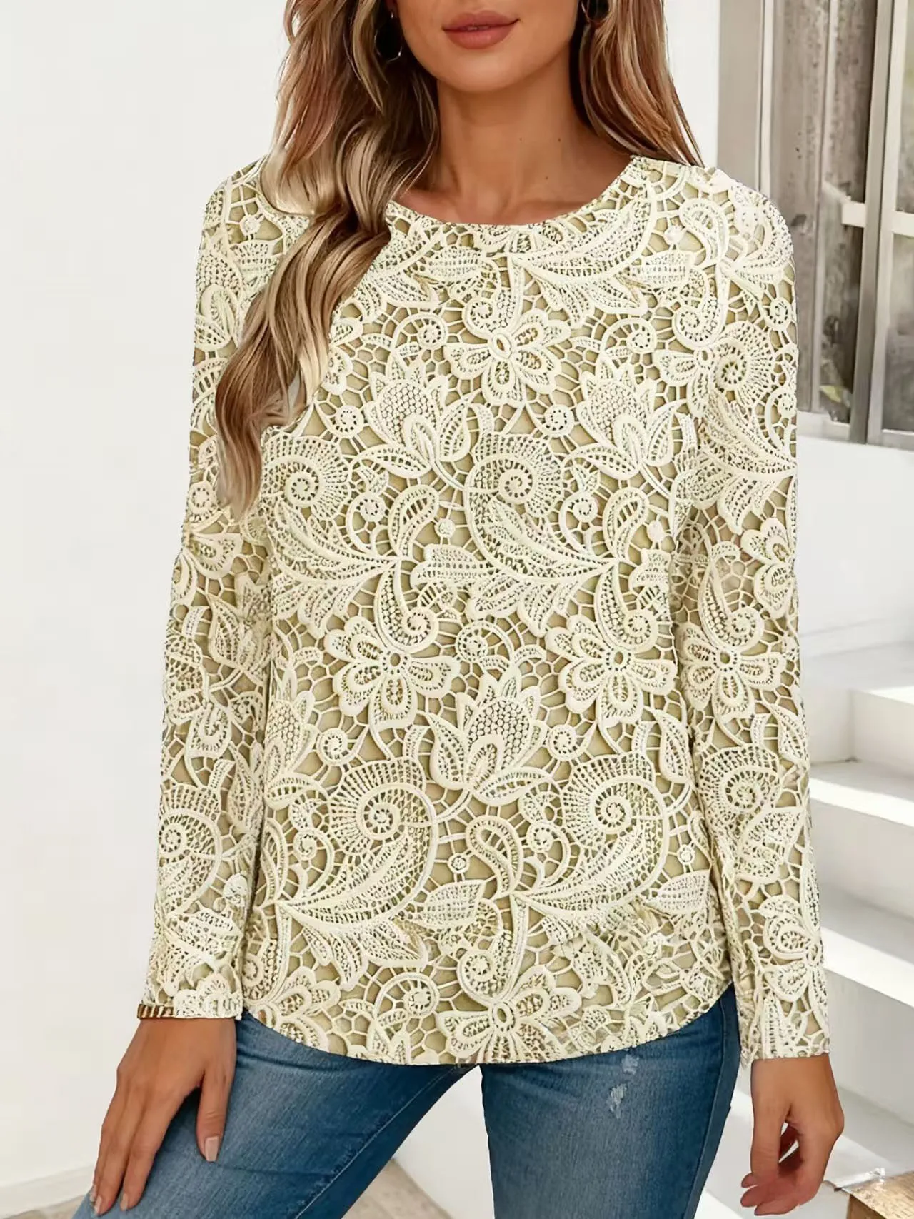 

Элегантный кружевной топ больших размеров с цветочным принтом — рубашка с круглым вырезом с длинными рукавами, свободная эластичная блузка, подходящая для повседневного ношения, официального и повседневного ношения, универсальная многослойная часть для вс