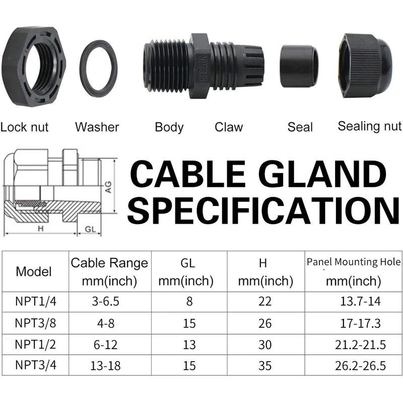 Glándula de Cable impermeable, junta de sellado de plástico negro, nailon IP68, PG7, PG9, PG13.5, PG21, 38 piezas