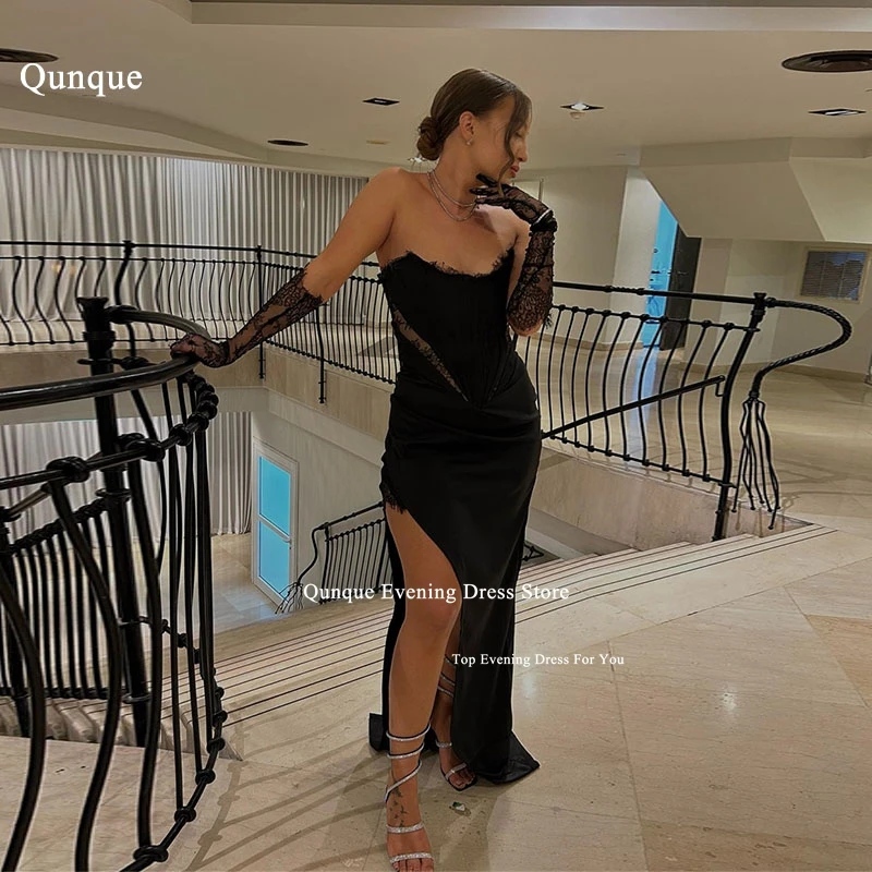 

Qunque Mermaid High Split Prom Dress Black Satin Evening Gowns Sexy High Split Lace Celebrate Dress Robes De Soirée Customized