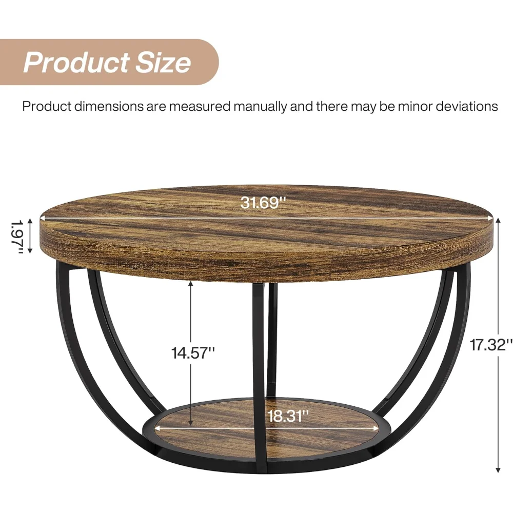Round Coffee Table, 31.7" Wooden 2-Tier Circle Coffee Table, Modern Accent Cocktail Table Center Table for Living Room