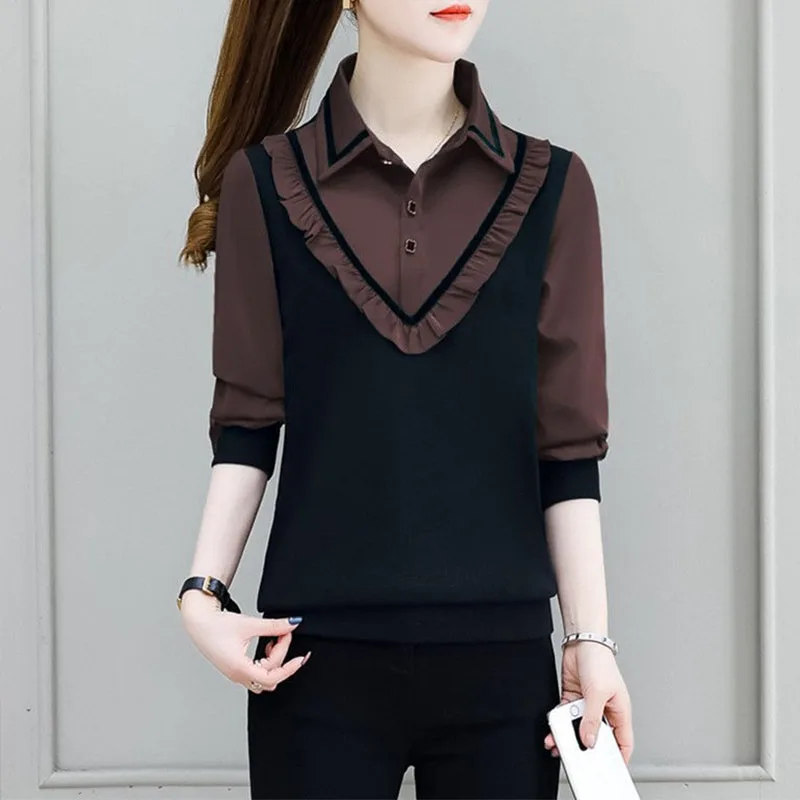 Spring Autumn Commuter Women's Polo-Neck Fake Two Pieces Shirt Office Lady Fashion Elegant Ruffles Spliced Long Sleeve Blouse