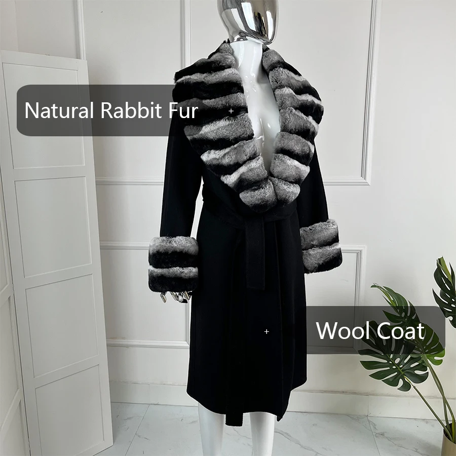 Abrigo de piel auténtica de invierno de Cachemira para mujer, abrigo de piel de conejo Rex auténtica, abrigo largo de piel de Cachemira, ropa nueva de otoño e invierno para mujer