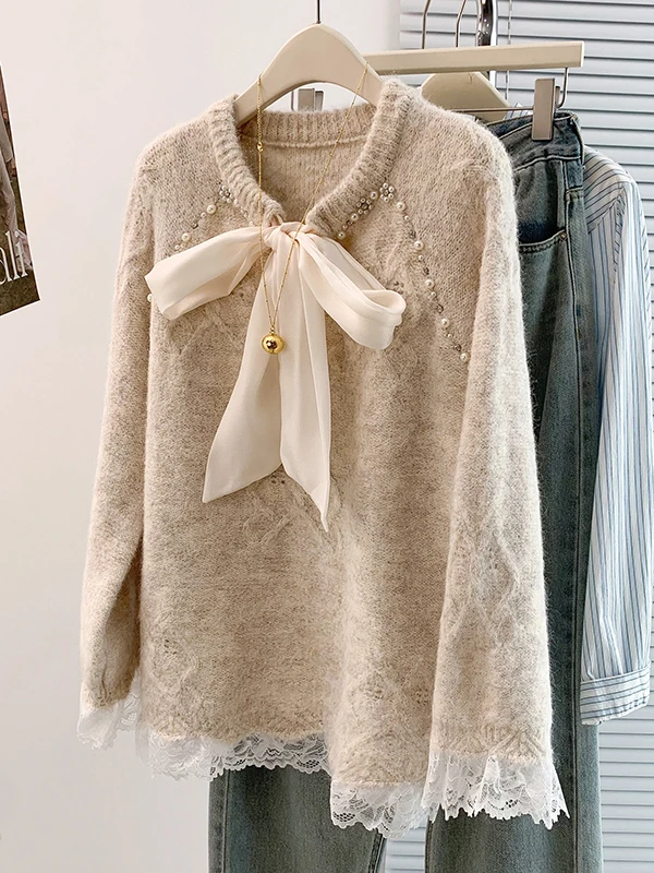 Schlankheitseffekt, schwere Verzierung, Spitze, große Schleife, Oulder-Pullover, koreanisches Sle Long Sve, rundes, gestricktes Top für Damen