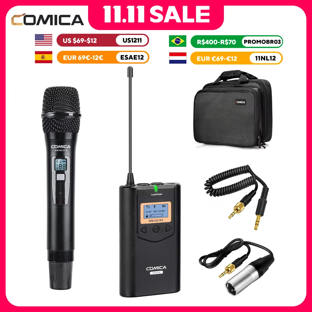 Comica CVM-WM100H UHF 48 Channel Mikrofon Genggam Nirkabel Profesional untuk Canon Nikon Sony Panasonic Fuji Kamera DSLR XLR