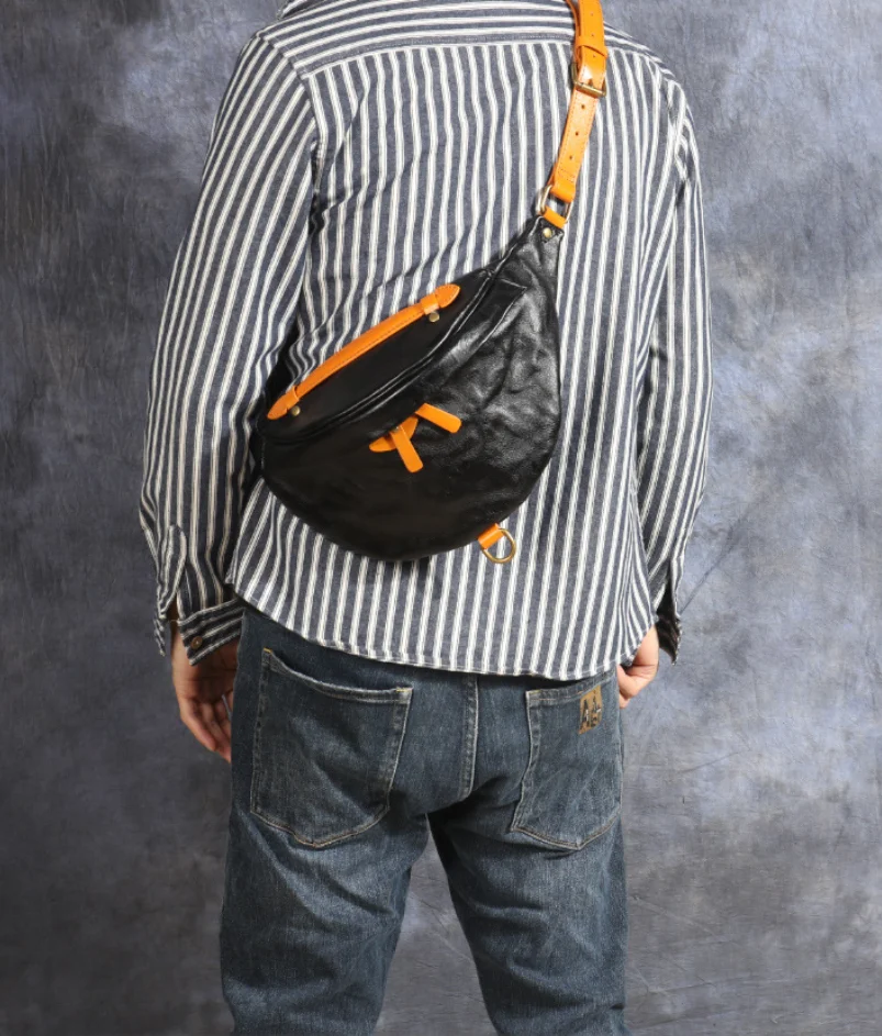 Cowhide Leather Men Waist Pack Vintage Casual Messenger Shoulder Chest Bags For Male Sling Crossbody Handbag Clutch Purse bolsos