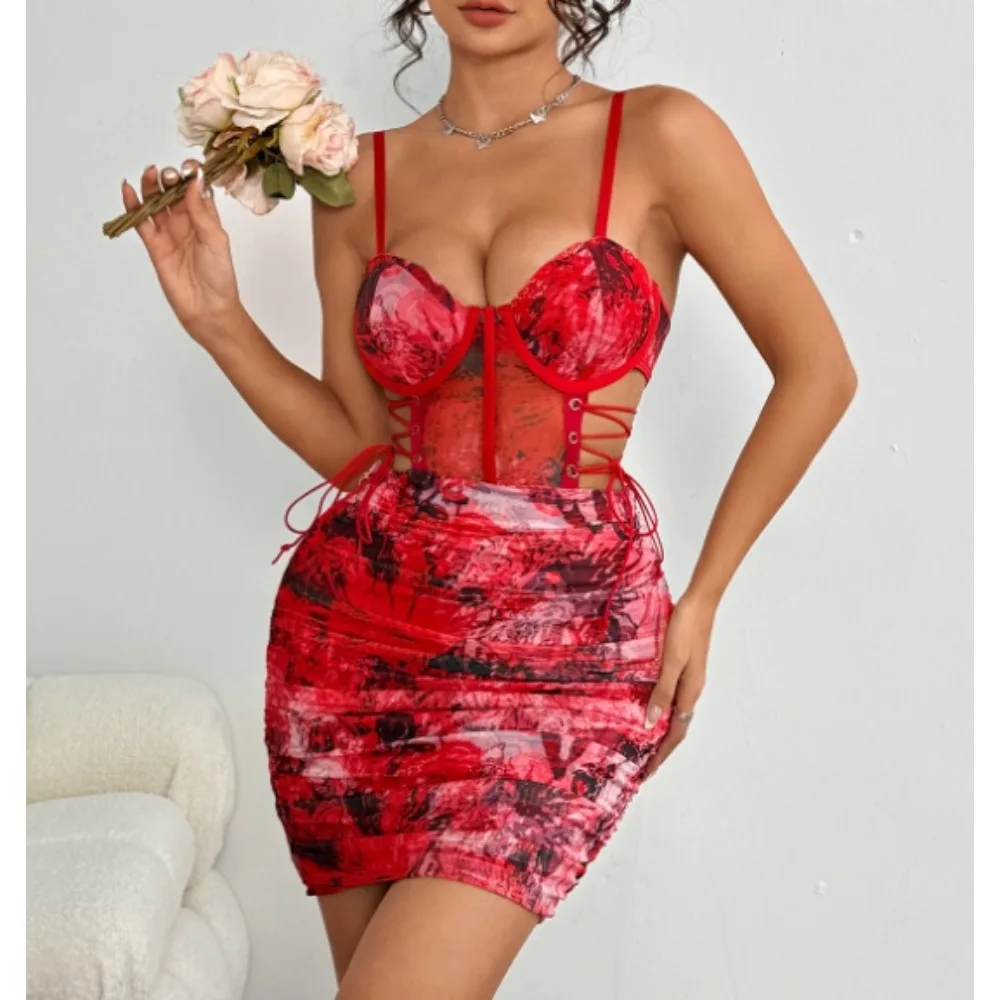 섹시한 컷 아웃 Draw String ﻿   메쉬 주름 인쇄 슬립 드레스 세련된 빈티지 여성 세련된 슬림 여름 연필 드레스