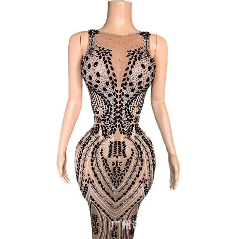 فستان مثير شبكي أسود شفاف على الورك ملابس للكبار نموذج المنصة ملابس نسائية لأداء الحفلات فيستدوس دي فيستا لوكسو