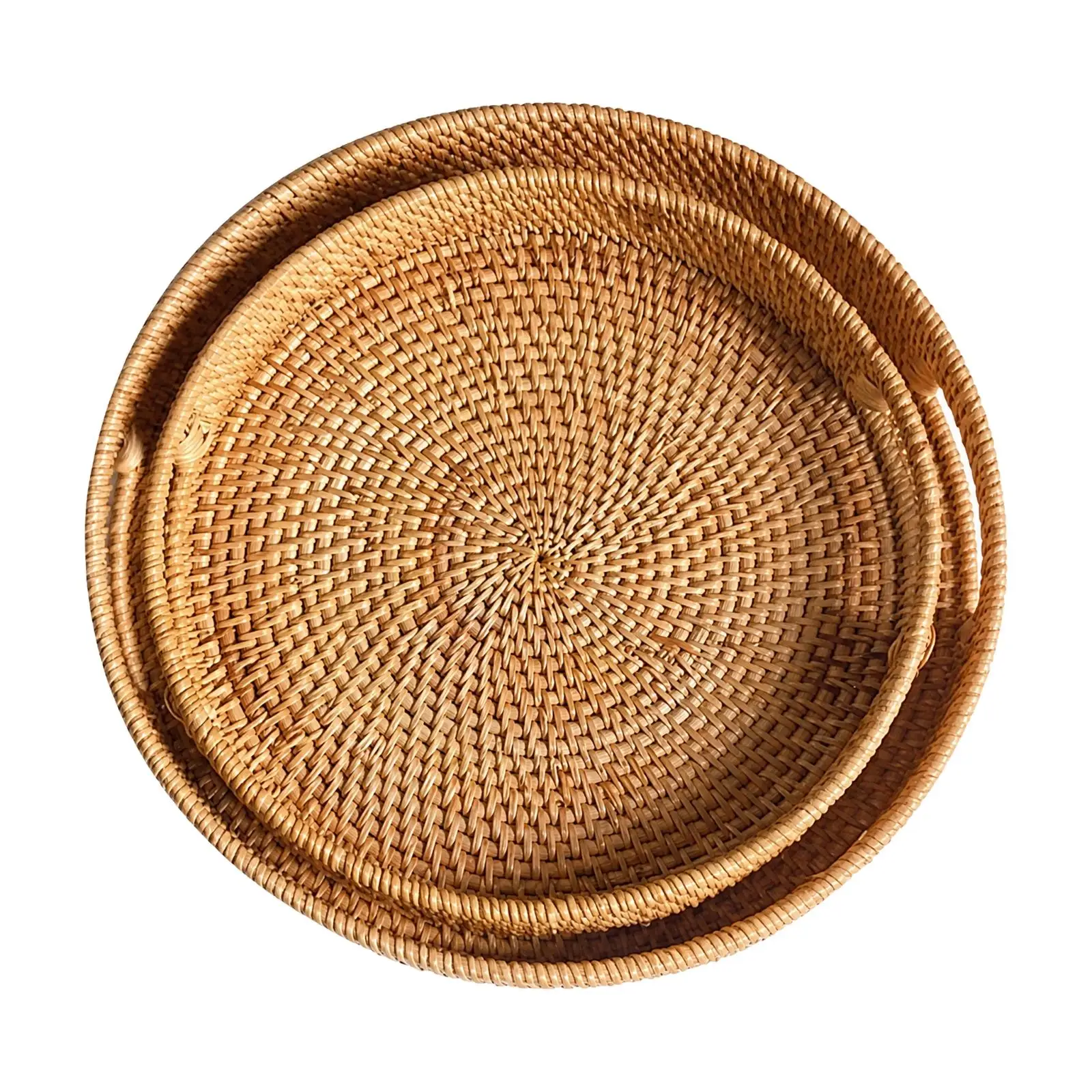 Round Woven Rattan Serving Tray for Fruit Candy Farmhouse Decorative Wooden Tray for Table Centerpiece Storage Rustic Home