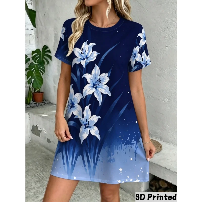 Vestido de estilo vacacional con estampado floral retro en 3D, manga corta, cuello redondo, corte holgado y línea en A. Vestidos de mujer.