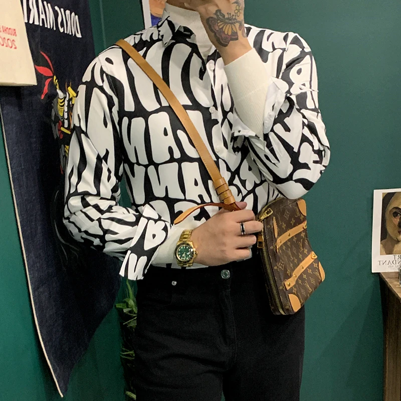 

New Men Casual Blouse Spring Autumn Printed Long Sleeve Streetwear Tops 2022 Korean Slim Fit Fashion Shirts Camisas A49