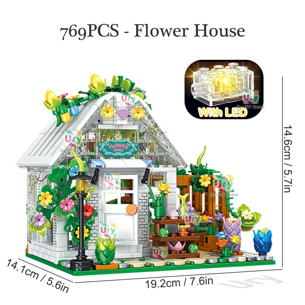 City Street View Creative House Coffee Shop Flower Store Architecture Building Block Bricks with LED Light Sets Toys for Girls