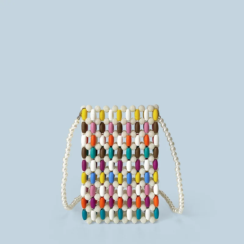 New Colorful Wood Bead Splicing Mini Cute Crossbody Phone Bag with Vacation Style and Leisure Handmade Bead Bag