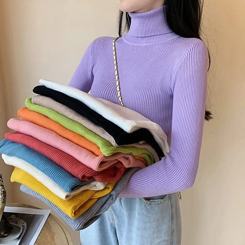 

New Turtleneck Jumper Woman Knitted Blouses Fashion Ladies Sweaters Winter Thermal Striped Long Sleeve Autumn Warm Tops Basics