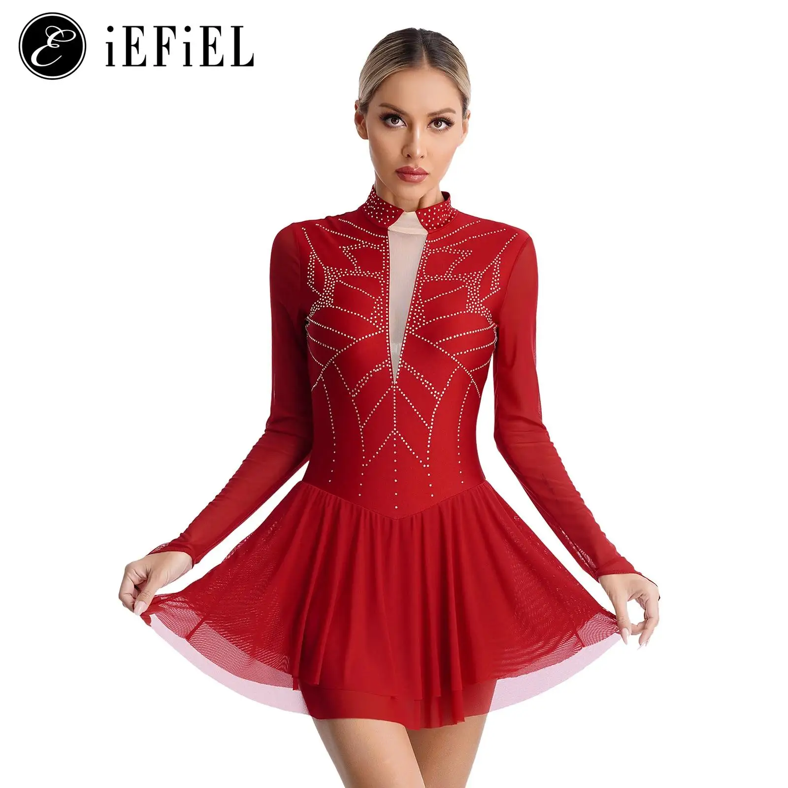 Womens Shiny Rhinestones Figure Ice Skating Competition Dress Long Sleeve Ballet Dance Performance Costumes Training Dancewear