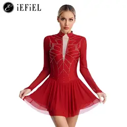 Womens Shiny Rhinestones Figure Ice Skating Competition Dress Long Sleeve Ballet Dance Performance Costumes Training Dancewear