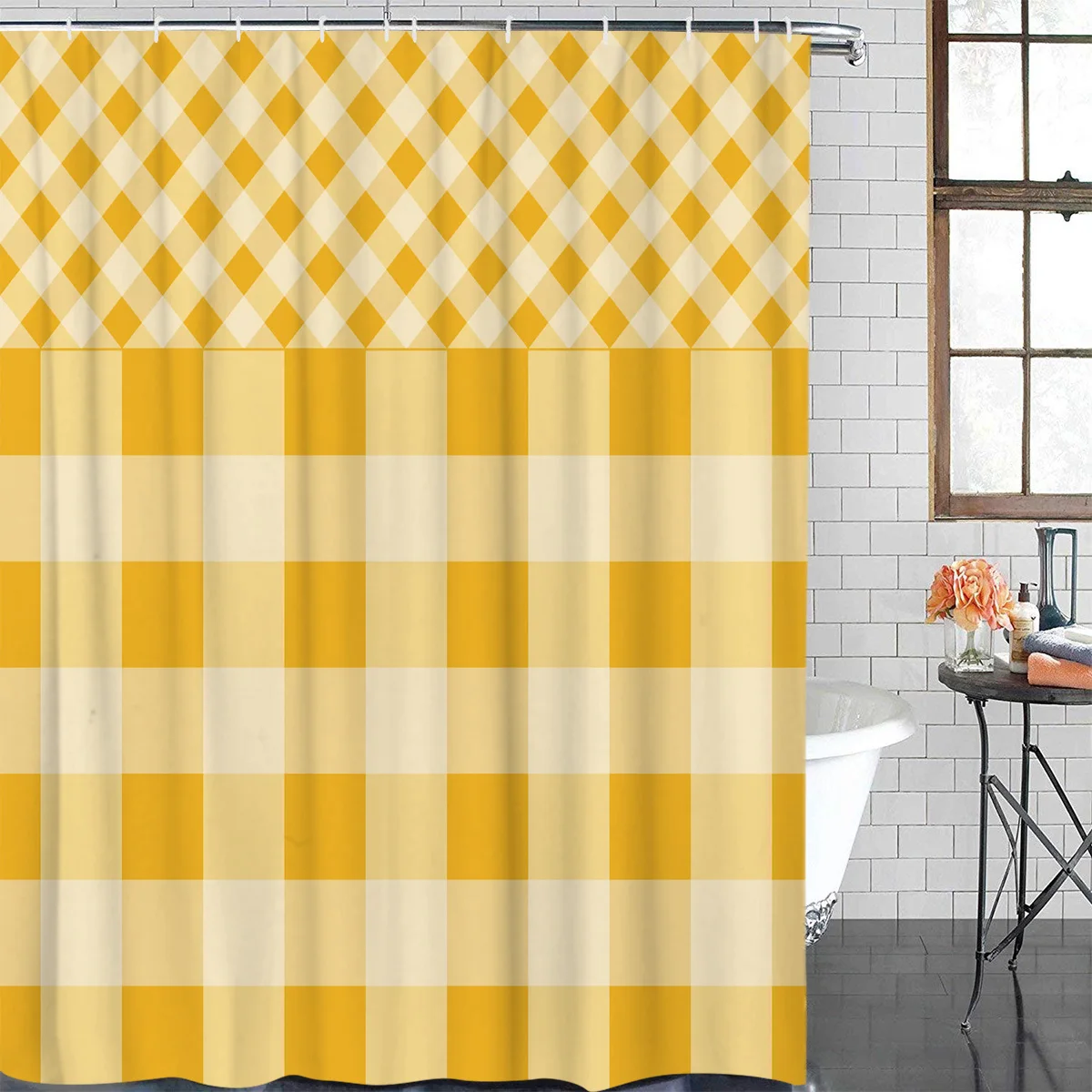 Yellow Check Stripe Square Stitching Waterproof Shower Curtain Polyester Fabric Printed Bath Curtains Bathroom Decorations