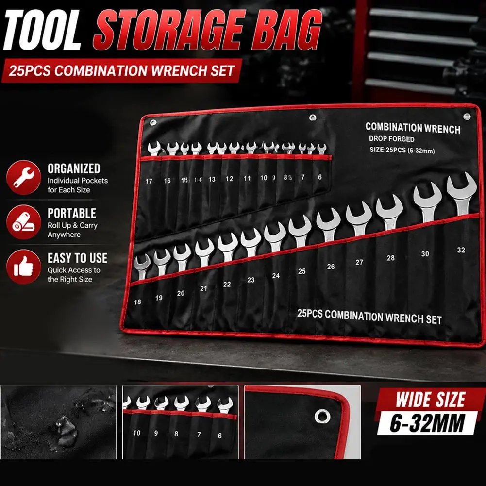 14/25 Slots Wrench Storage Roll Up Bag Portable Heavy Duty Wrench Organizer Pouch 6-32mm Combination Spanner Holder Tool Bag