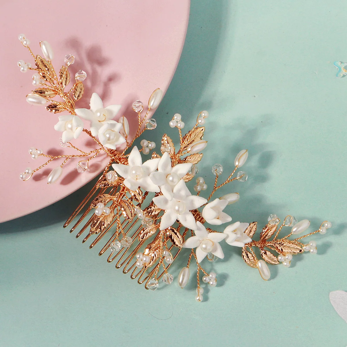 Elegante weiße Polymer Clay Blumen Damen Haarkämme Mode Kristall Perle Haarnadeln Braut Hochzeit Kopfschmuck Schmuck – Detail 27
