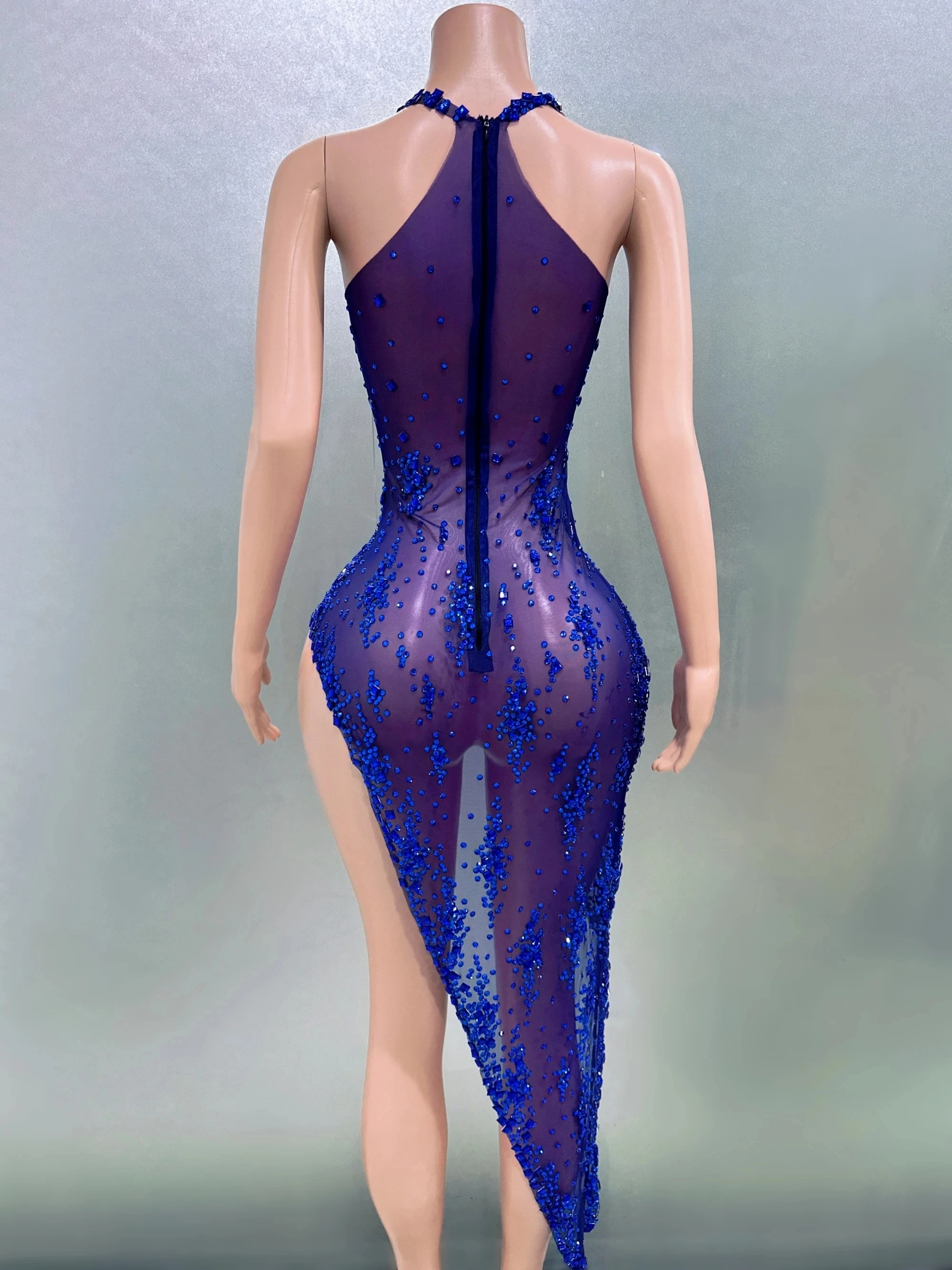 Voorraad Vrouwen Luxe Sexy Tank Kristal Diamanten Blauwe Midi Jurk Verjaardagsfeest Kostuum Bar Nachtclub Podium Jurk