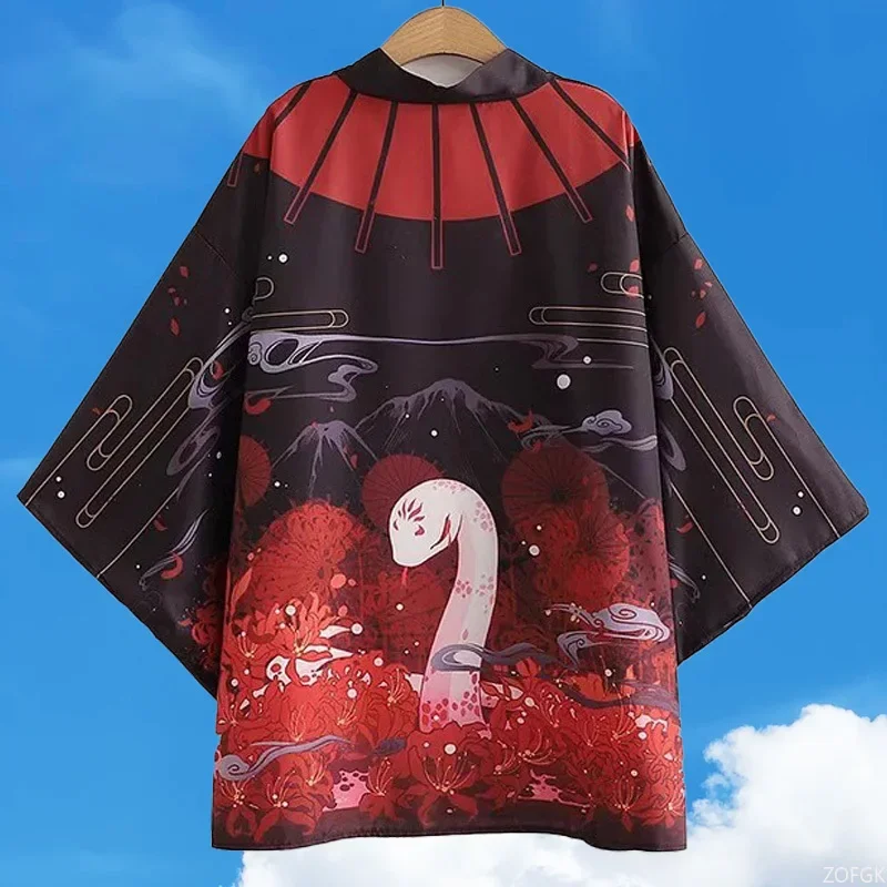 ملابس شارع يابانية فضفاضة مطبوعة على شكل ثعلب أحمر صيفي جديد مع ياقة مفتوحة للرجال والنساء قطع علوية هاراجوكو هيروشي كيمونو التأثيرية