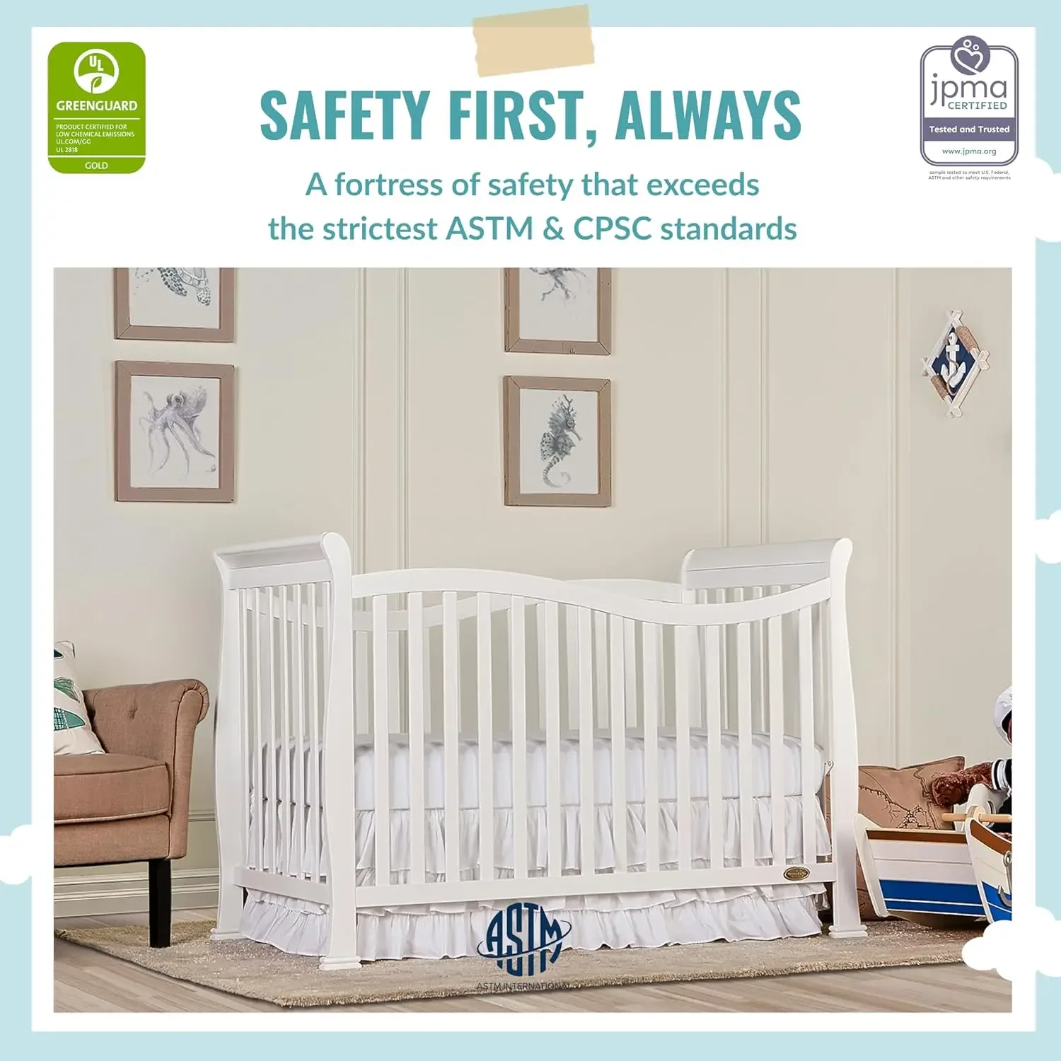 Violet 7-In-1 Convertible Life Style Crib In White, Greenguard Gold Certified, 4 Mattress Height Settings, Made Of Sustainable