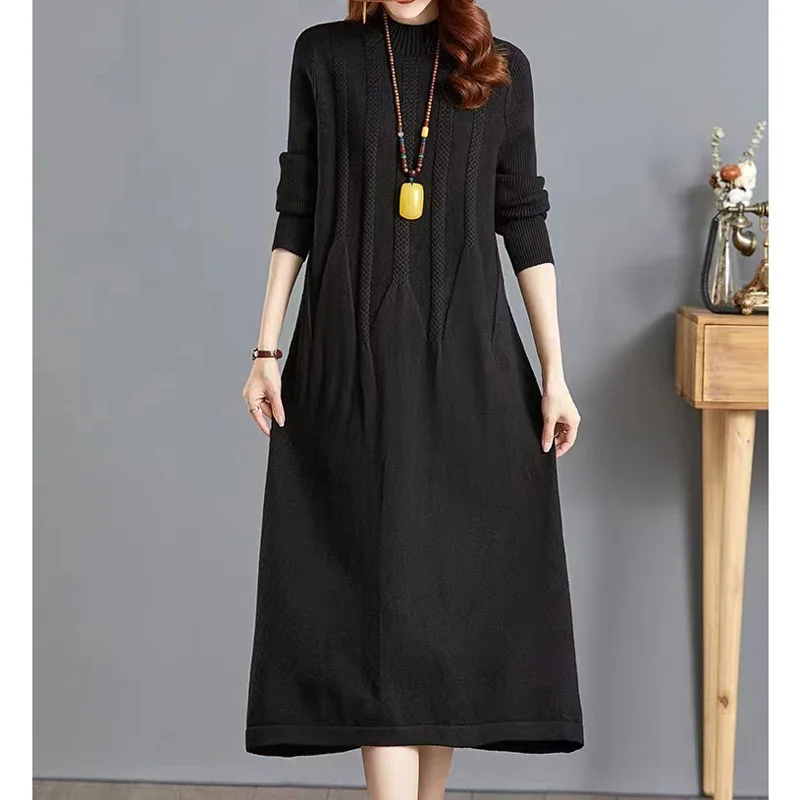 Loose Knitting Woman Clothes Half Turtleneck Warm Bottom Dress Autumn Winter Pullover Women's Sweater Mid-long Mother Clothing